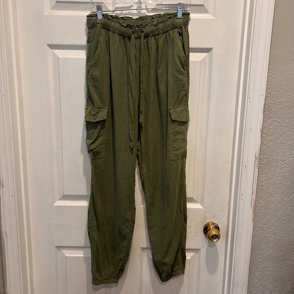 Aerie Olive Green Linen Blend Drawstring Waist Cargo‎ Jogger Pants Small